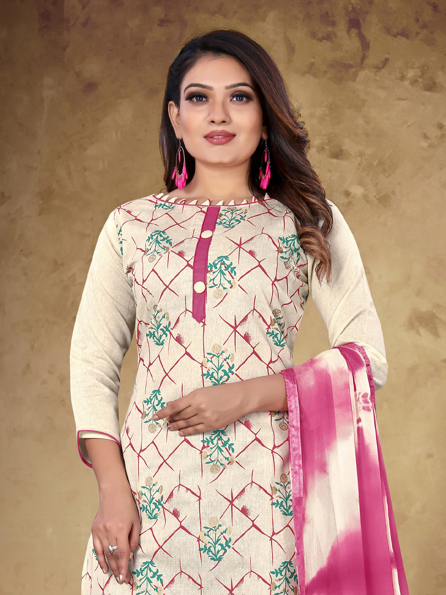 Cream Khadi Cotton Printed Casual Festival Pant Salwar Kameez