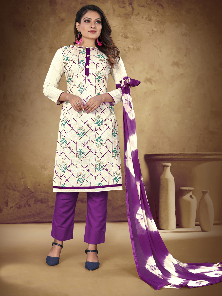Cream Khadi Cotton Printed Casual Festival Pant Salwar Kameez