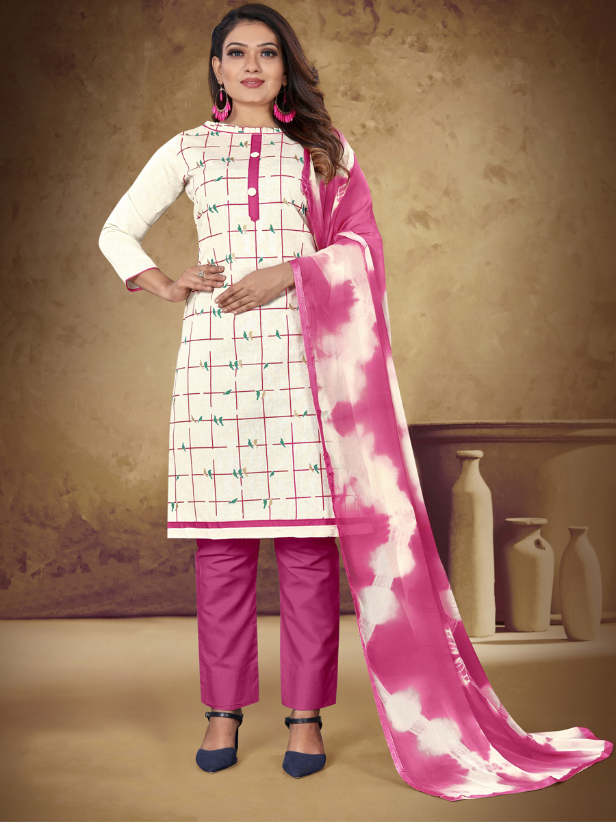 Cream Khadi Cotton Printed Casual Festival Pant Salwar Kameez