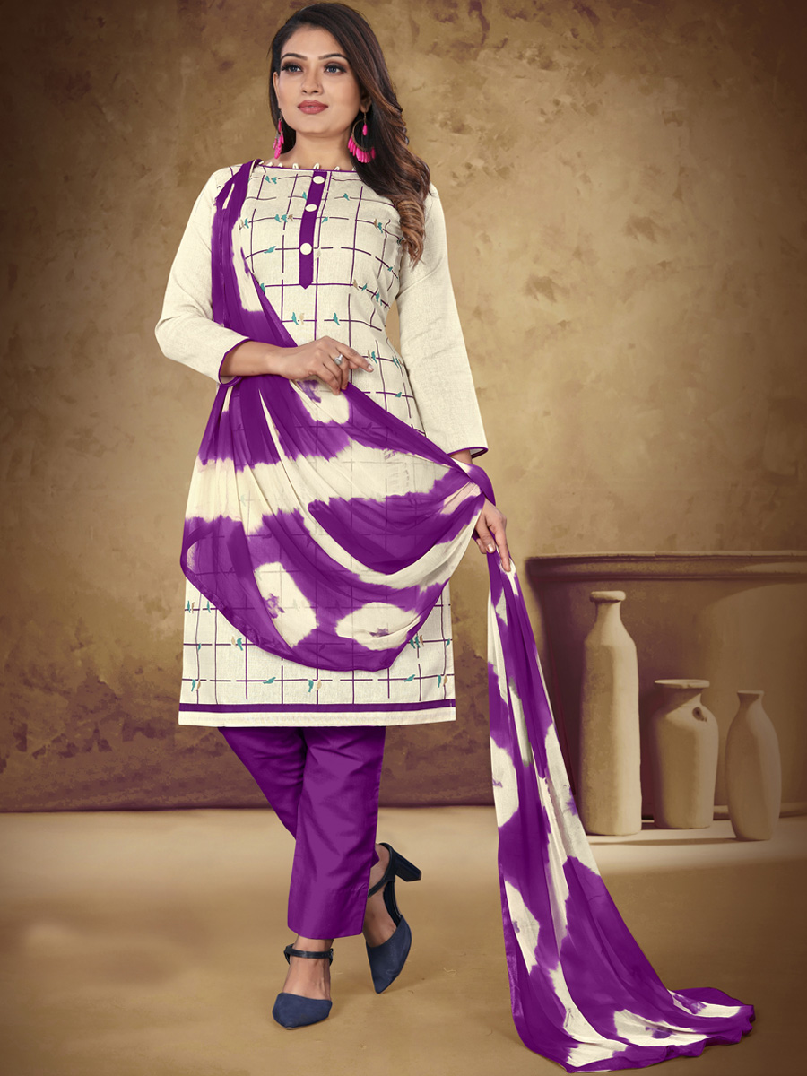 Cream Khadi Cotton Printed Casual Festival Pant Salwar Kameez