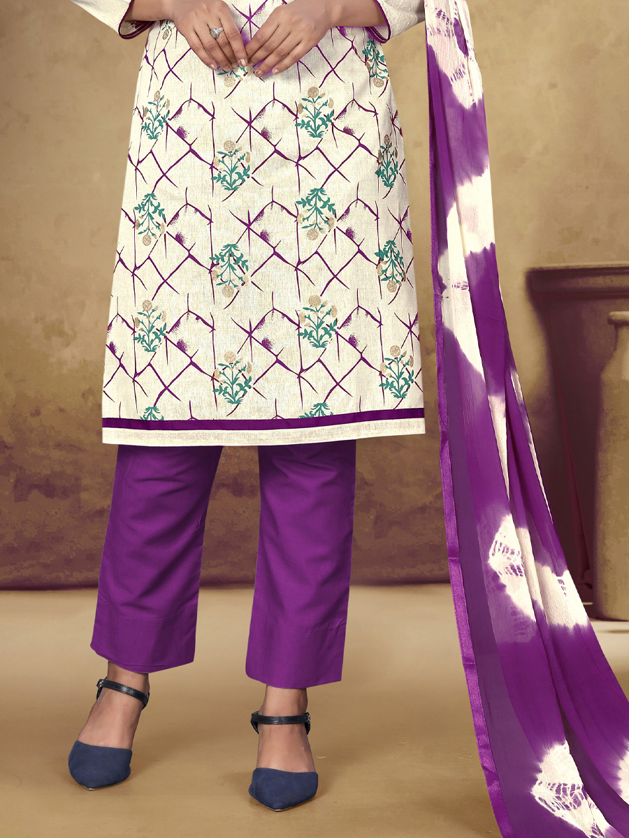 Cream Khadi Cotton Printed Casual Festival Pant Salwar Kameez