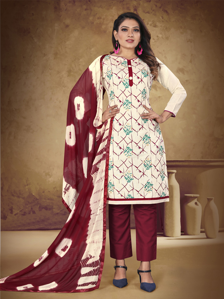 Cream Khadi Cotton Printed Casual Festival Pant Salwar Kameez