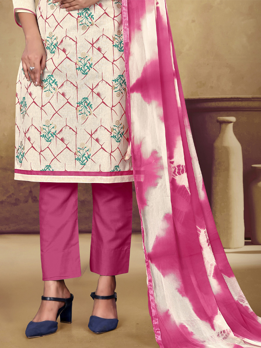 Cream Khadi Cotton Printed Casual Festival Pant Salwar Kameez
