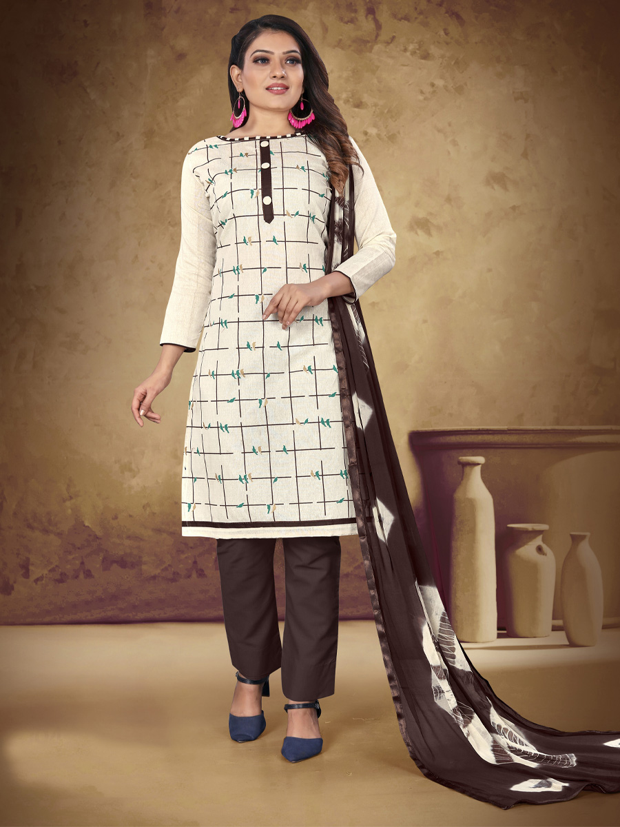 Cream Khadi Cotton Printed Casual Festival Pant Salwar Kameez