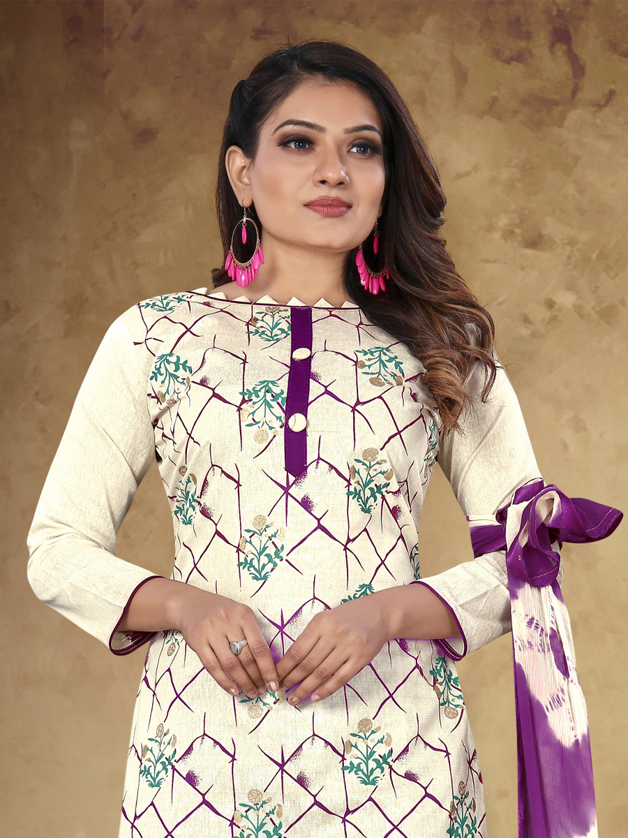 Cream Khadi Cotton Printed Casual Festival Pant Salwar Kameez