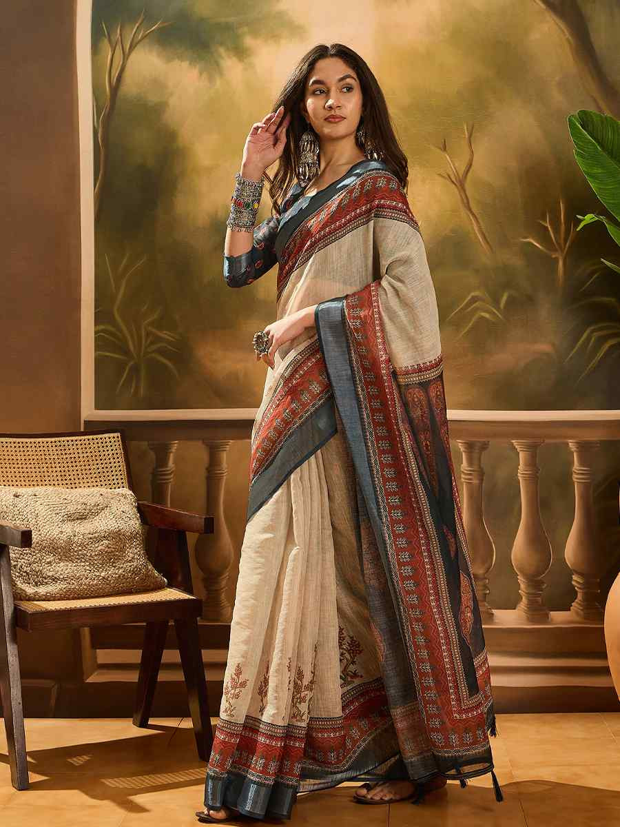 Cream Linen Cotton Blend Handwoven Printed Casual Reception Festival Wedding Fancy Heavy Border Saree