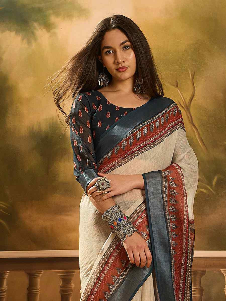 Cream Linen Cotton Blend Handwoven Printed Casual Reception Festival Wedding Fancy Heavy Border Saree