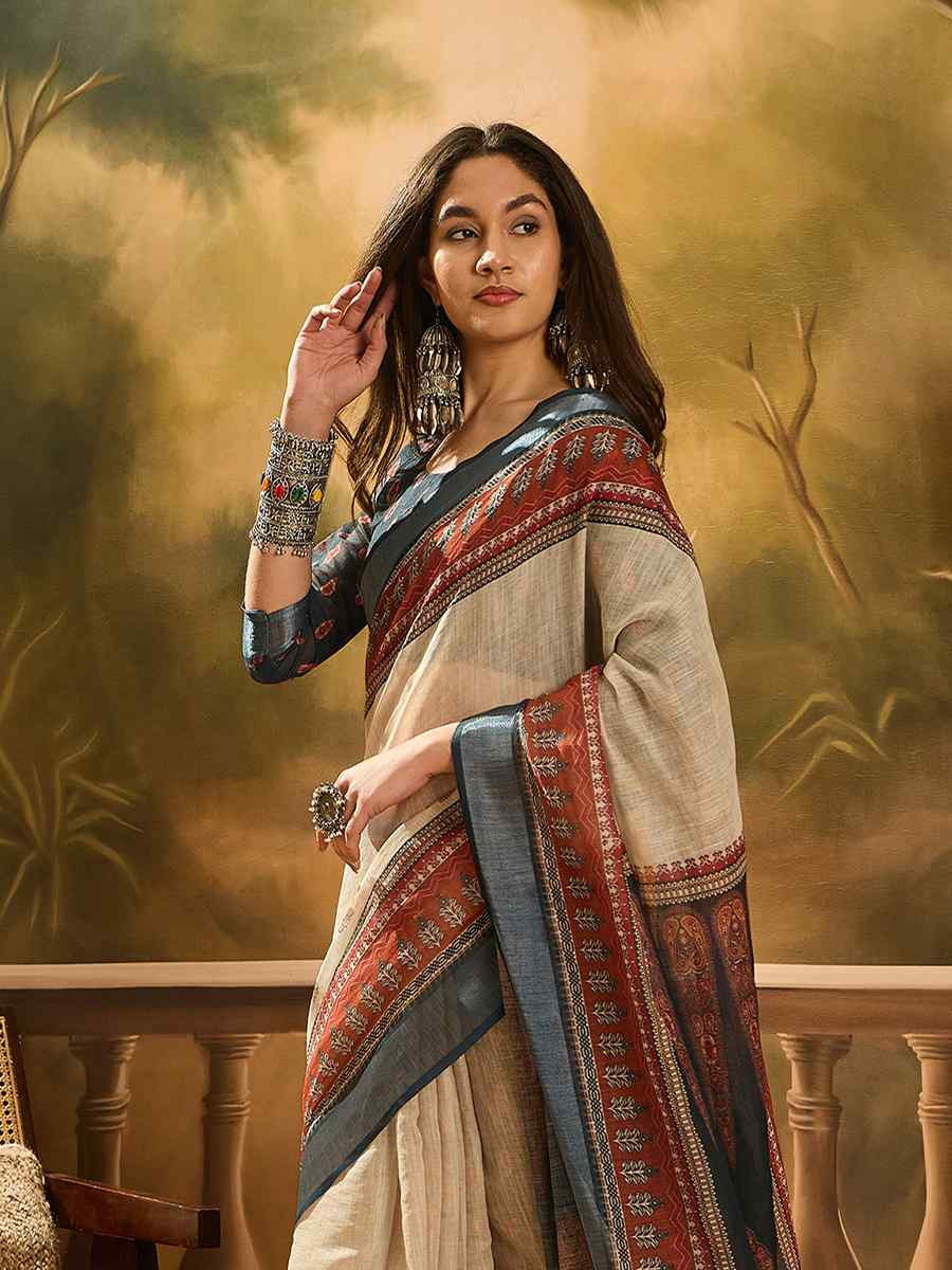 Cream Linen Cotton Blend Handwoven Printed Casual Reception Festival Wedding Fancy Heavy Border Saree