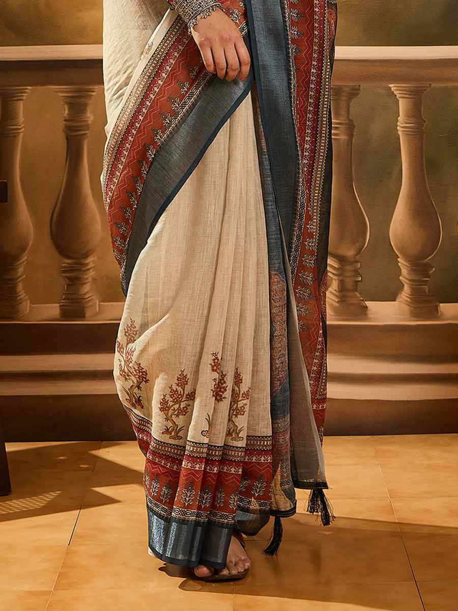 Cream Linen Cotton Blend Handwoven Printed Casual Reception Festival Wedding Fancy Heavy Border Saree