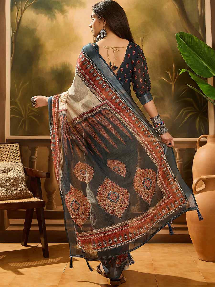 Cream Linen Cotton Blend Handwoven Printed Casual Reception Festival Wedding Fancy Heavy Border Saree