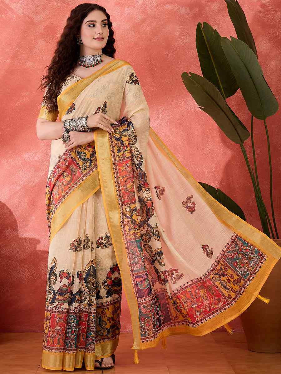 Cream Linen Cotton Blend Printed Casual Reception Festival Wedding Fancy Classic Style Sarees