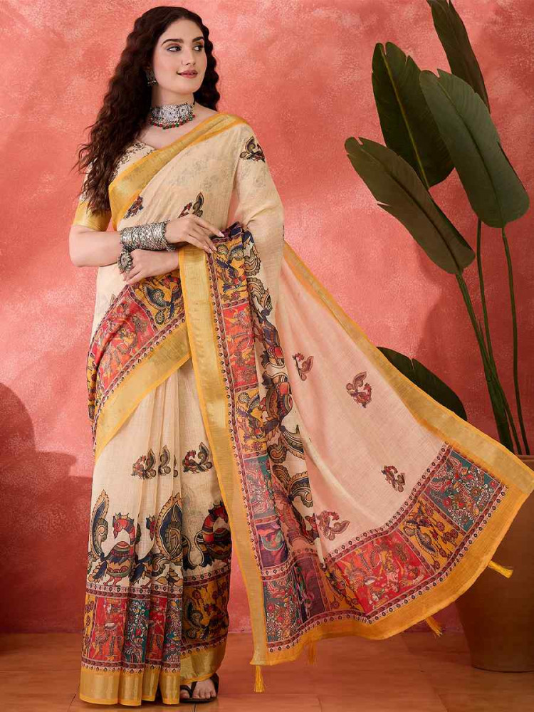 Image of Cream Linen Cotton Blend Printed Casual Reception Festival Wedding Fancy Classic Style Sarees