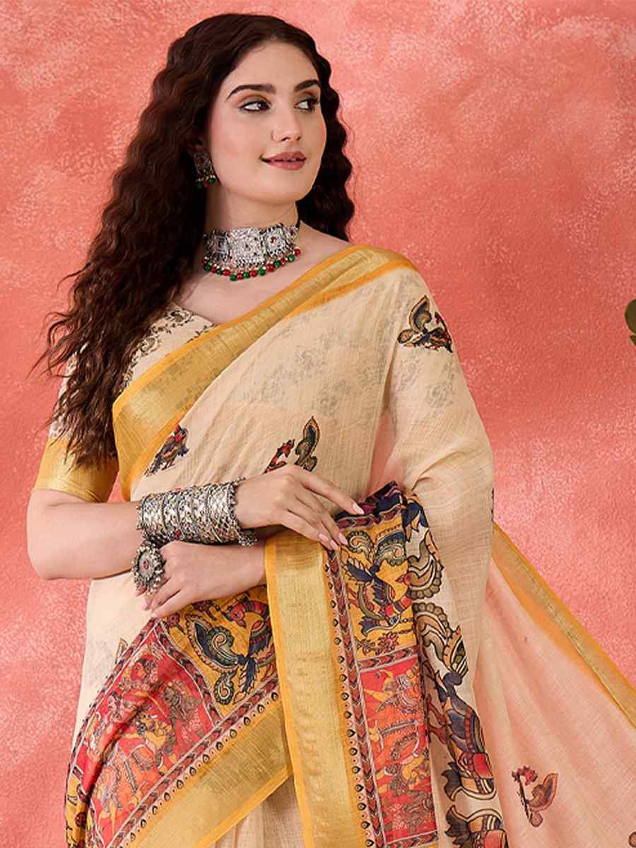 Cream Linen Cotton Blend Printed Casual Reception Festival Wedding Fancy Classic Style Sarees