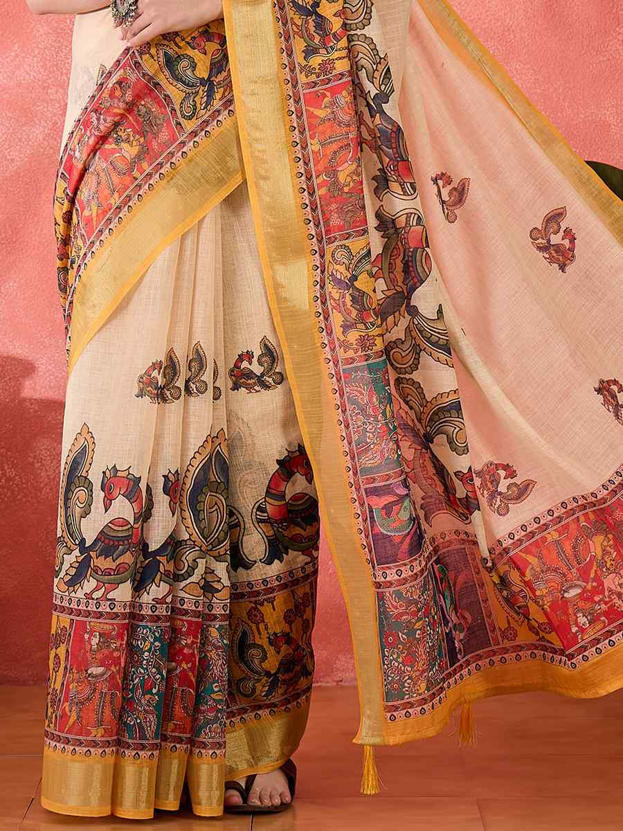 Cream Linen Cotton Blend Printed Casual Reception Festival Wedding Fancy Classic Style Sarees