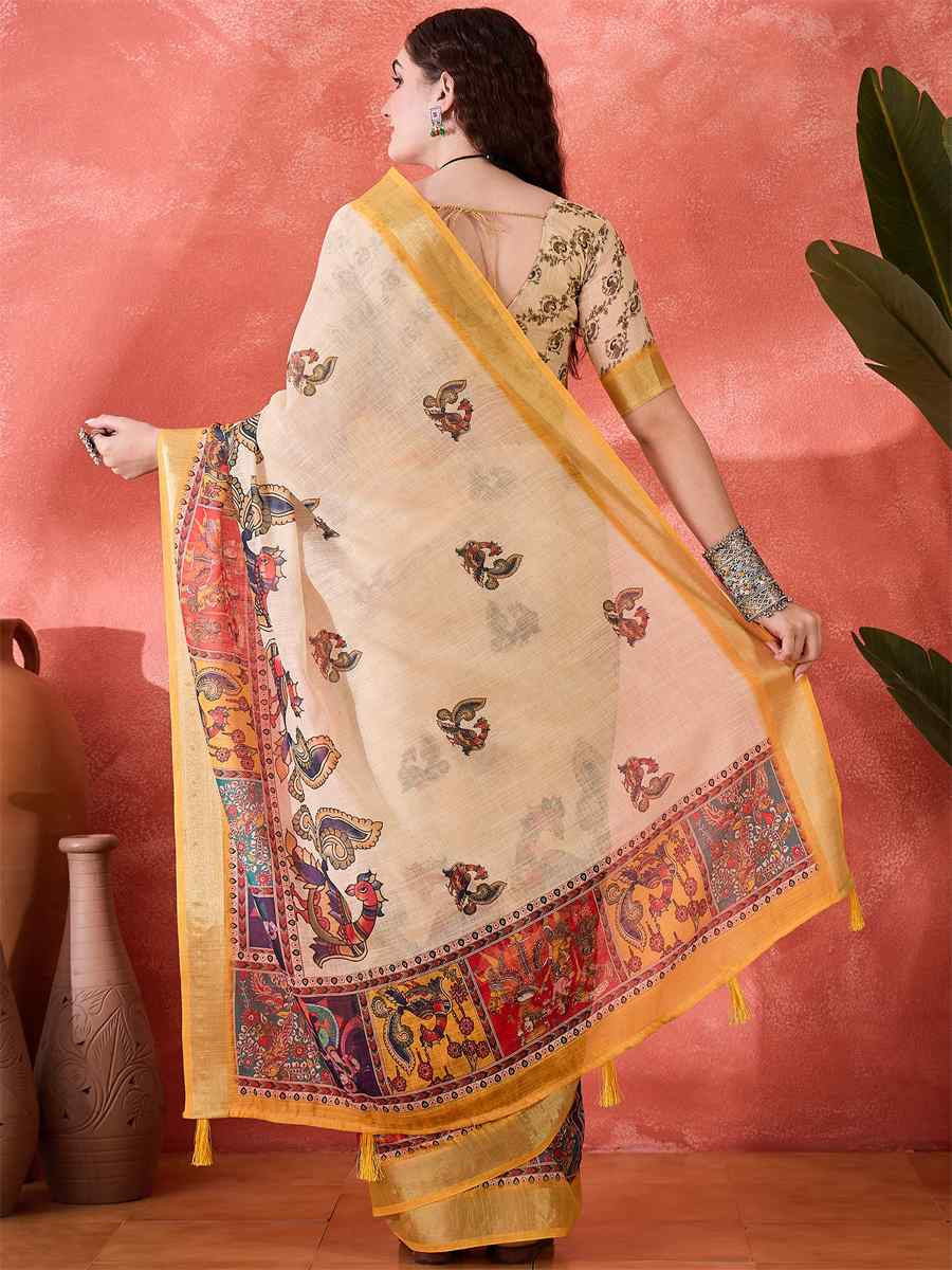 Cream Linen Cotton Blend Printed Casual Reception Festival Wedding Fancy Classic Style Sarees