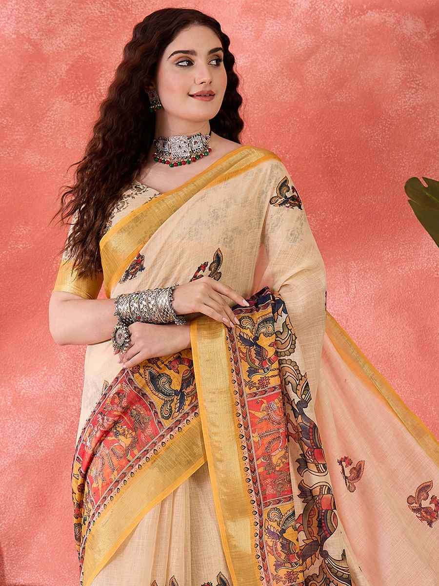 Cream Linen Cotton Blend Printed Casual Reception Festival Wedding Fancy Classic Style Sarees