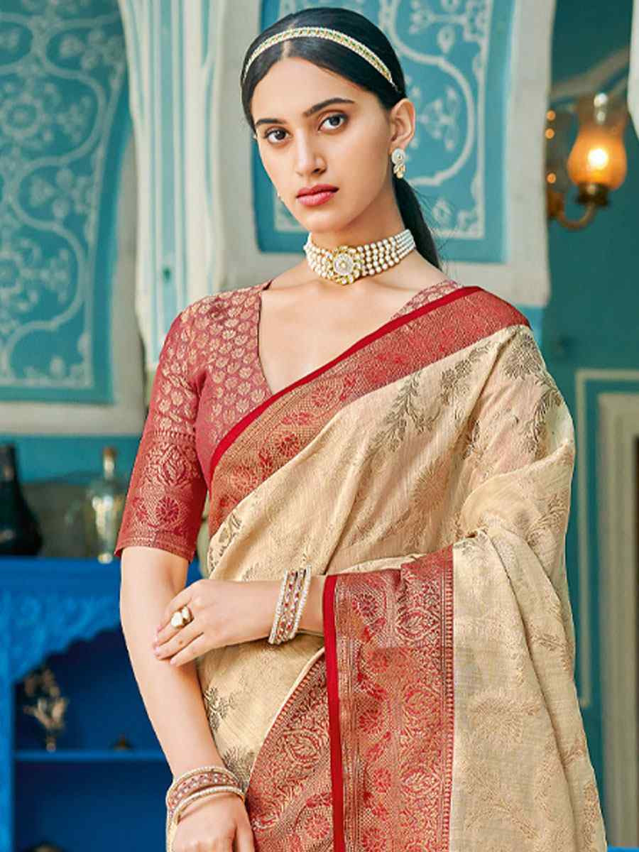 Cream Linen Cotton Handwoven Casual Festival Party Classic Style Sarees