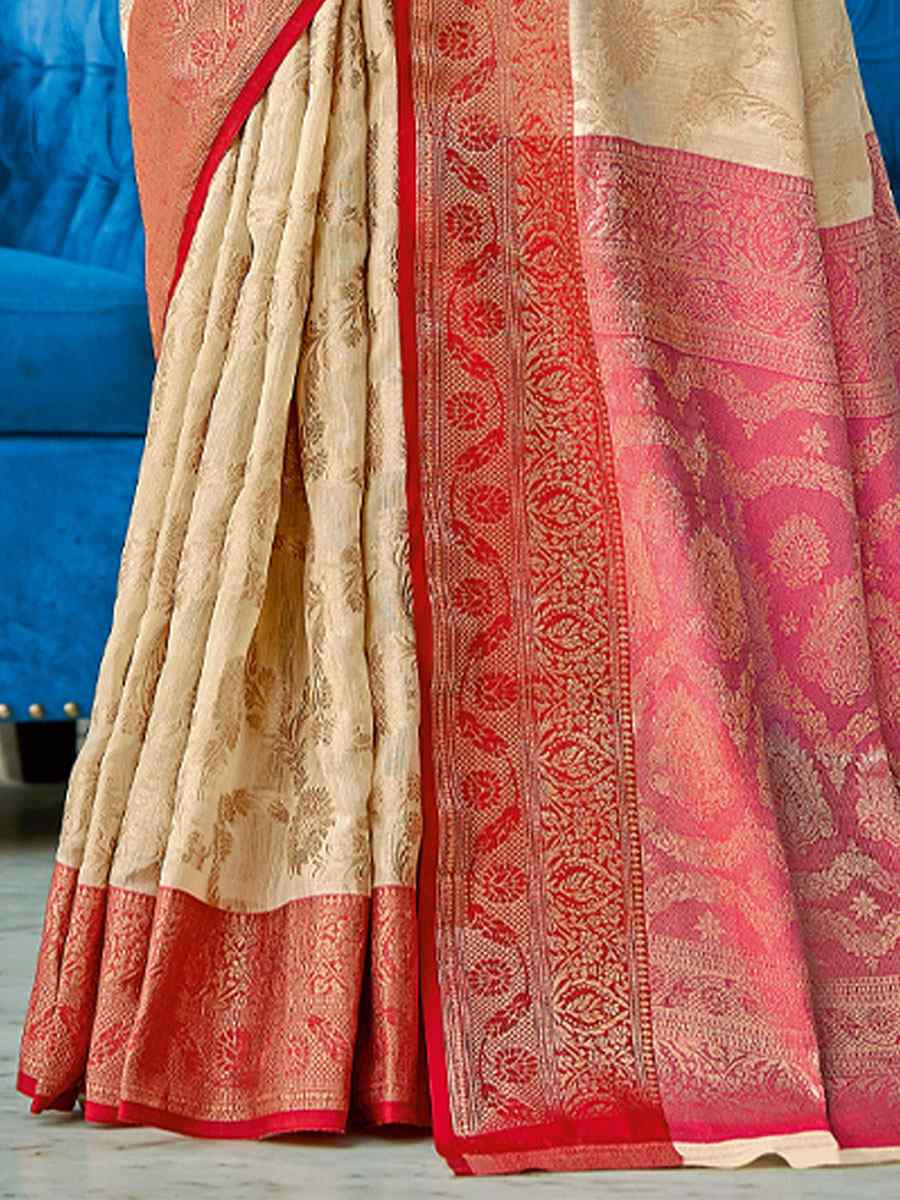 Cream Linen Cotton Handwoven Casual Festival Party Classic Style Sarees