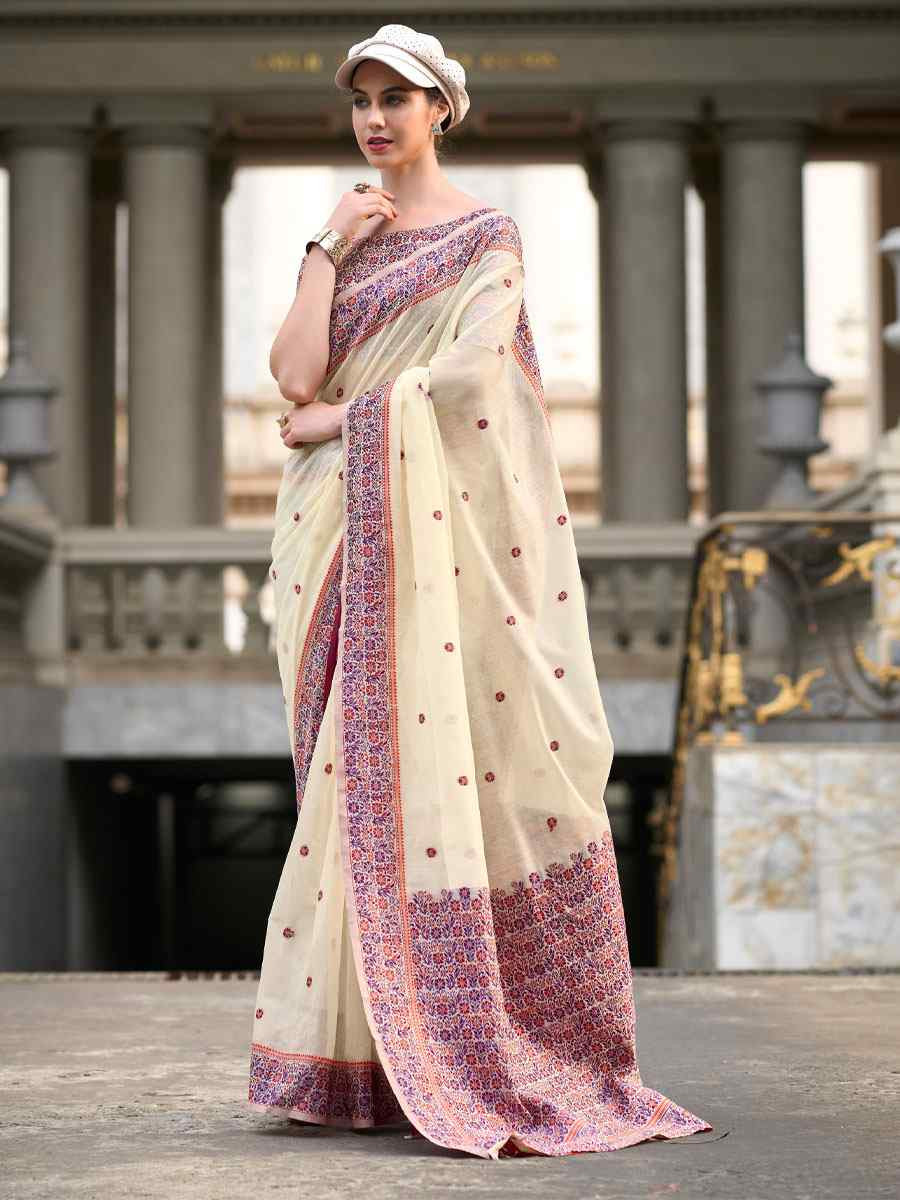 Cream Linen Cotton Silk Handwoven Festival Wedding Fancy Heavy Border Saree