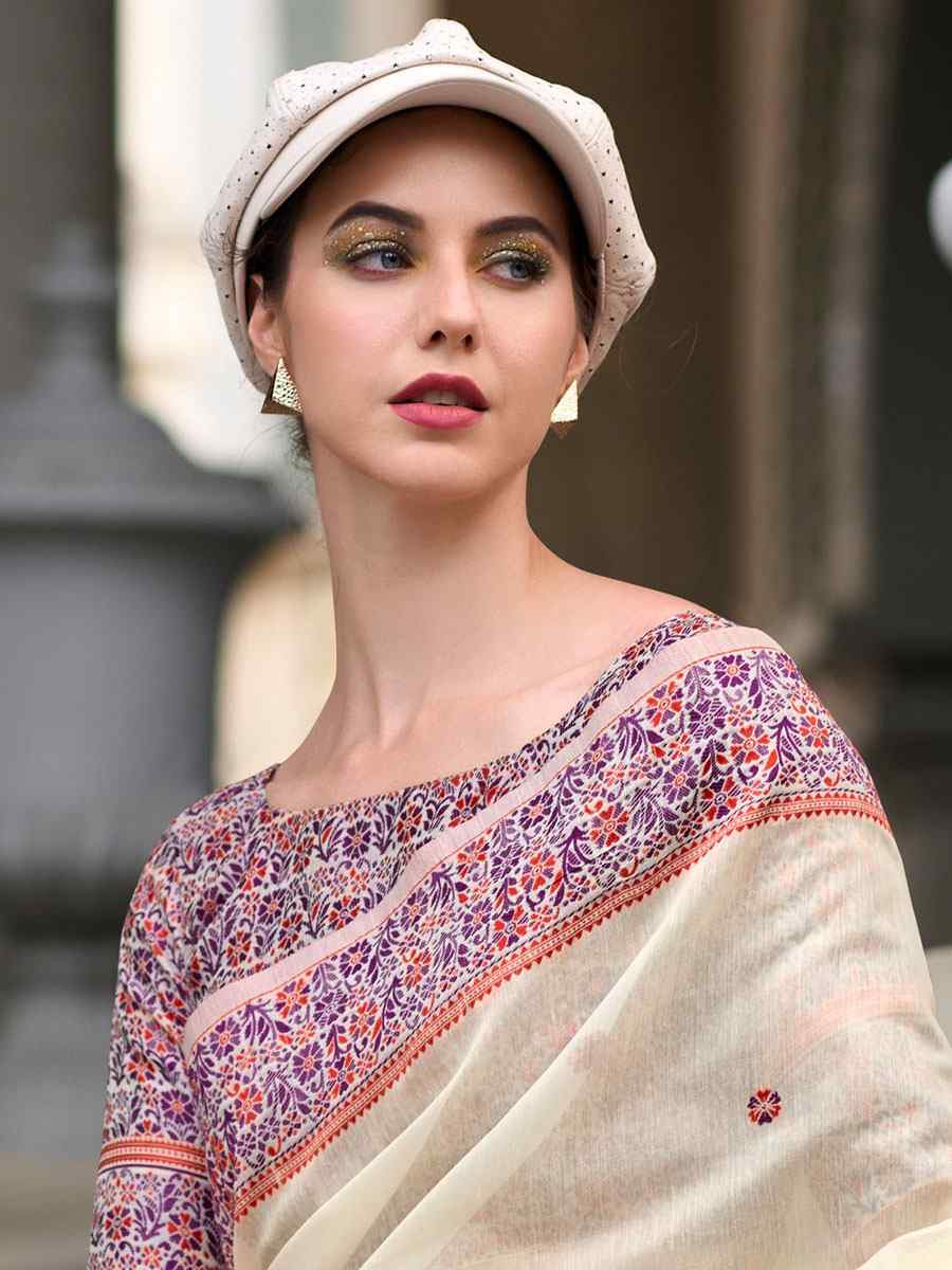 Cream Linen Cotton Silk Handwoven Festival Wedding Fancy Heavy Border Saree