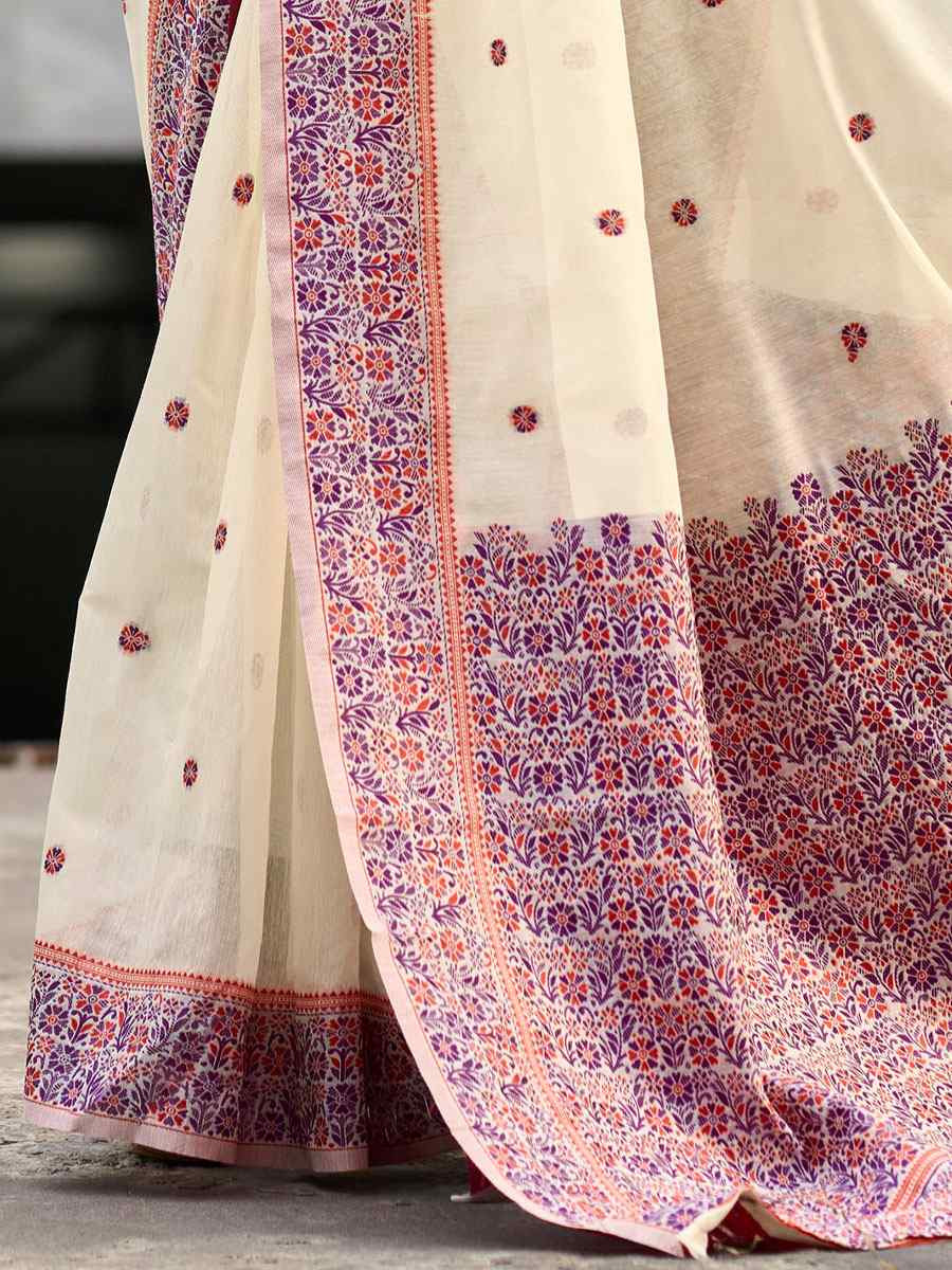 Cream Linen Cotton Silk Handwoven Festival Wedding Fancy Heavy Border Saree