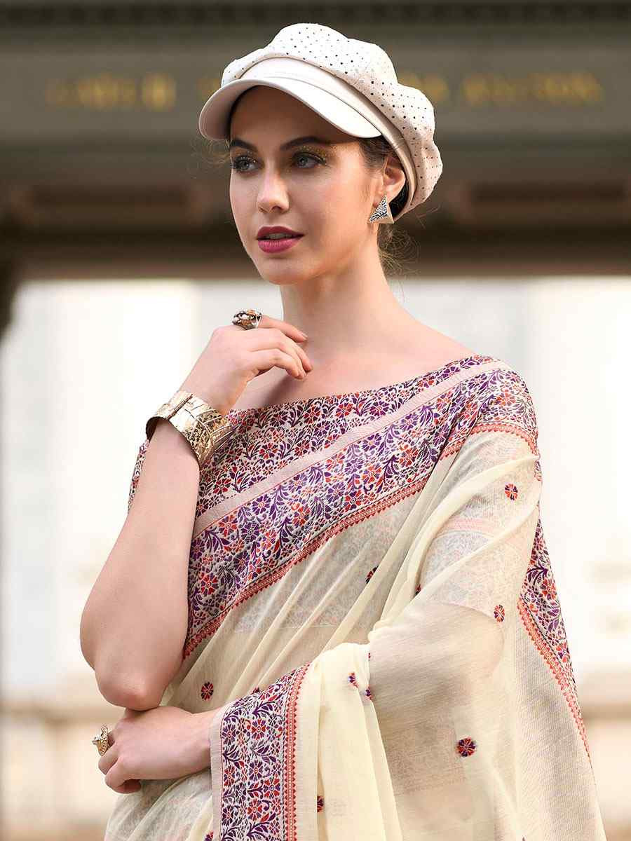 Cream Linen Cotton Silk Handwoven Festival Wedding Fancy Heavy Border Saree
