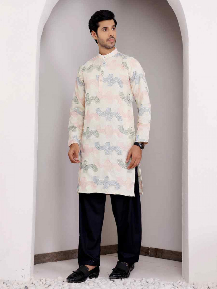 Cream Linen Embroidered Festival Casual Kurta