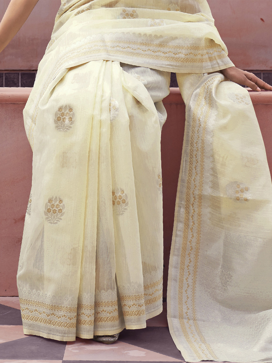 Cream Linen Handwoven Wedding Festival Heavy Border Saree