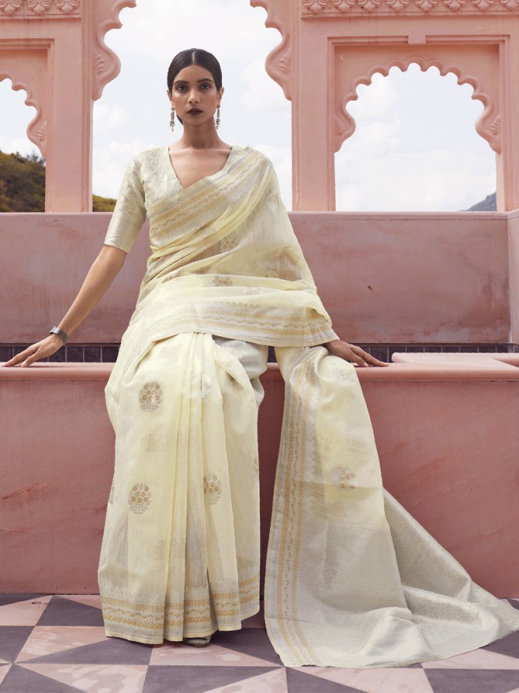 Cream Linen Handwoven Wedding Festival Heavy Border Saree