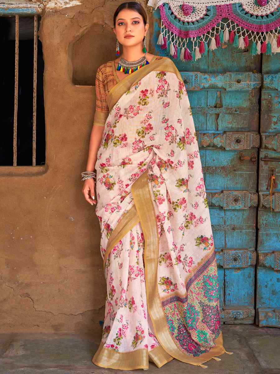 Cream Linen Printed Casual Festival Contemporary Saree