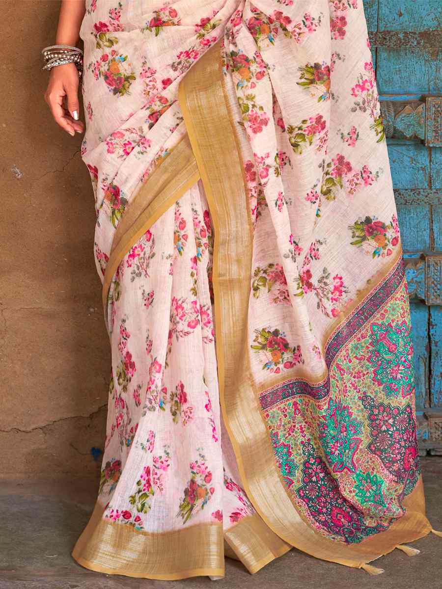 Cream Linen Printed Casual Festival Contemporary Saree