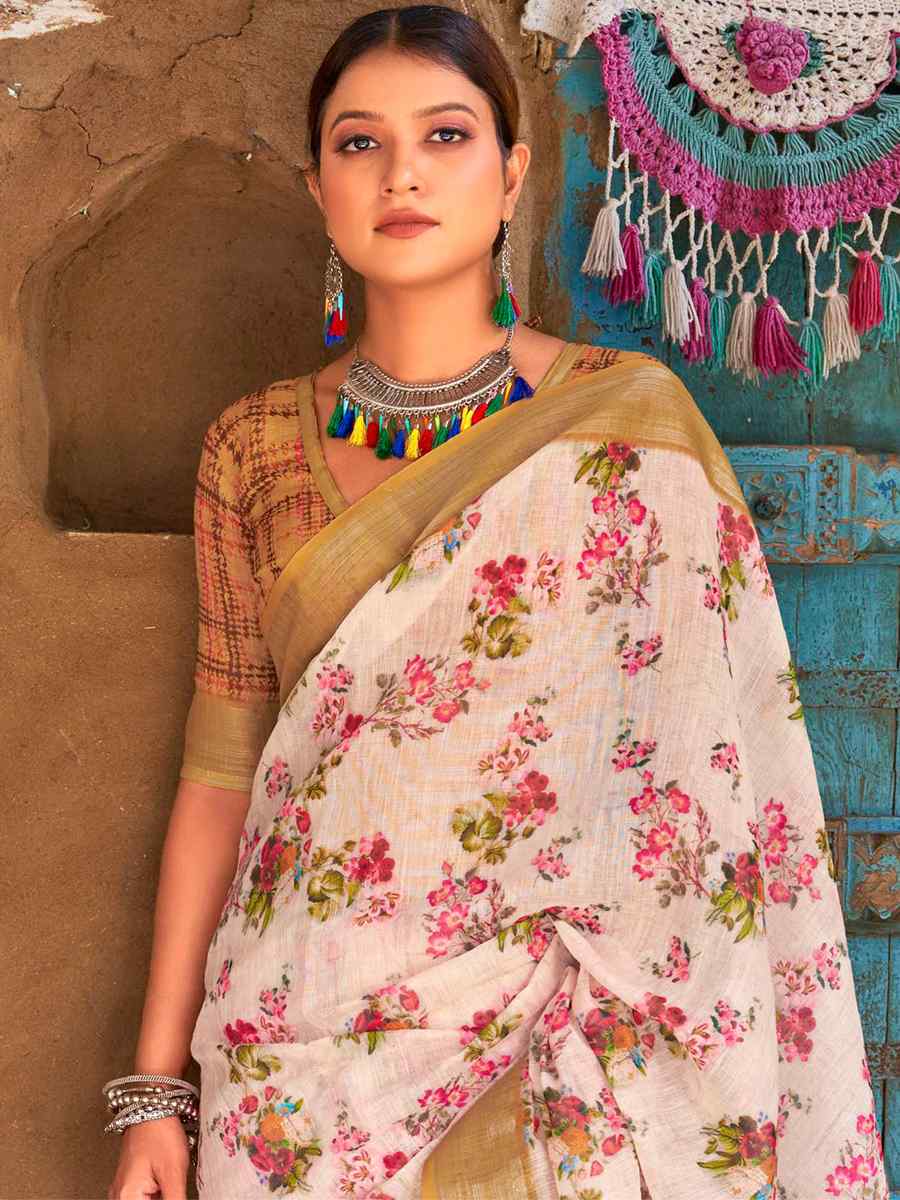 Cream Linen Printed Casual Festival Contemporary Saree