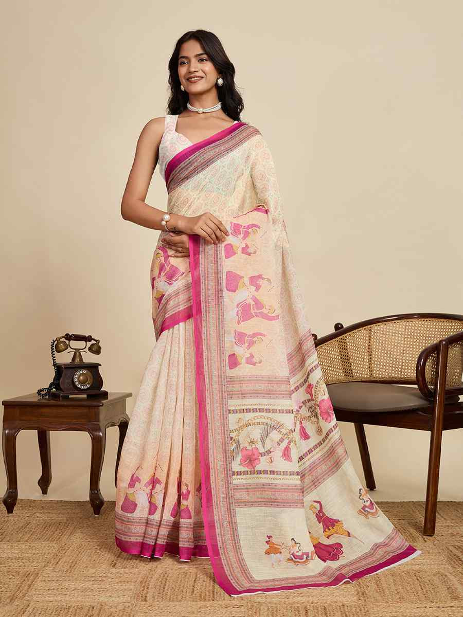 Cream Linen Printed Traditional Casual Fancy Classic Style Sarees
