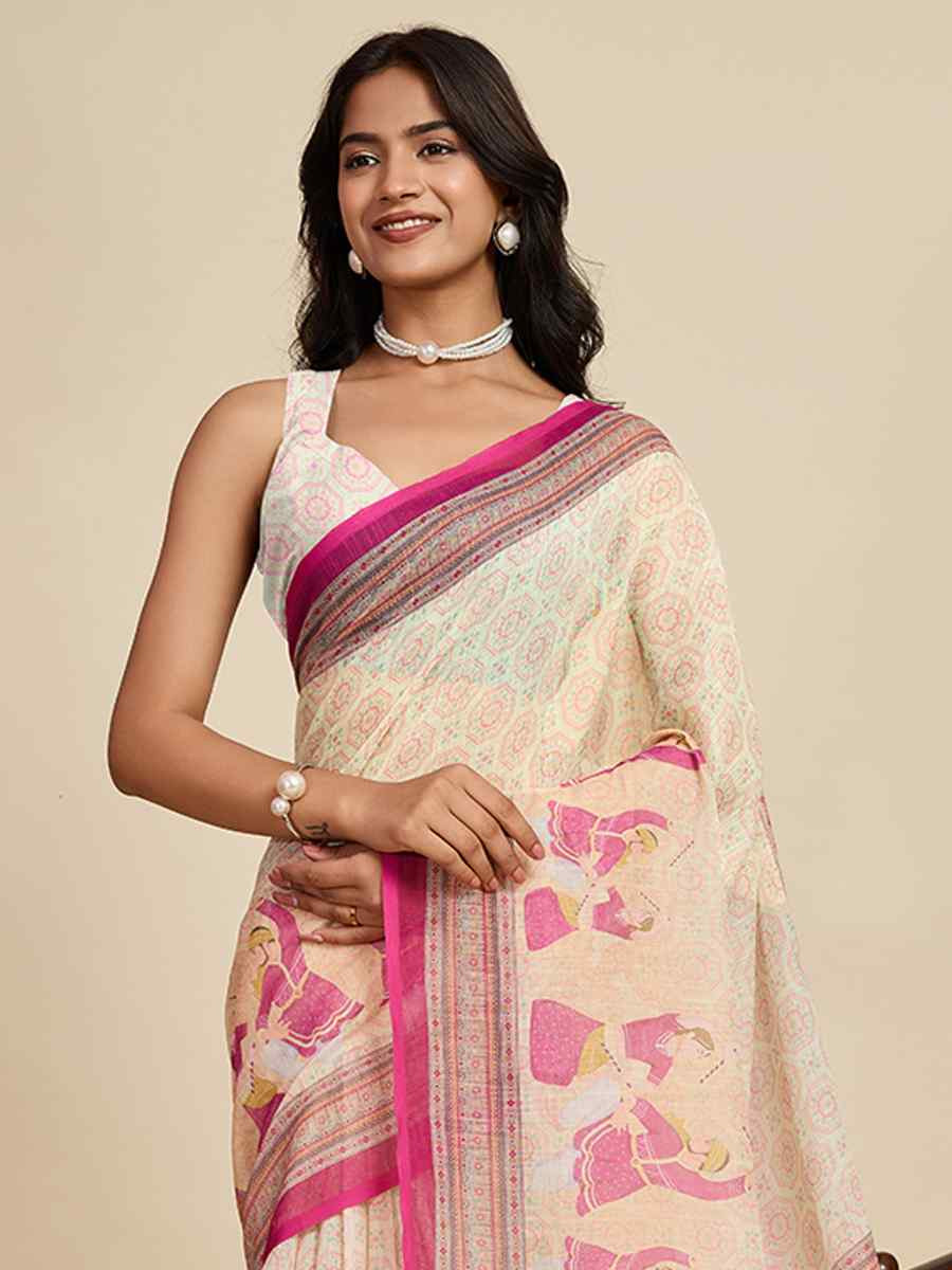 Cream Linen Printed Traditional Casual Fancy Classic Style Sarees