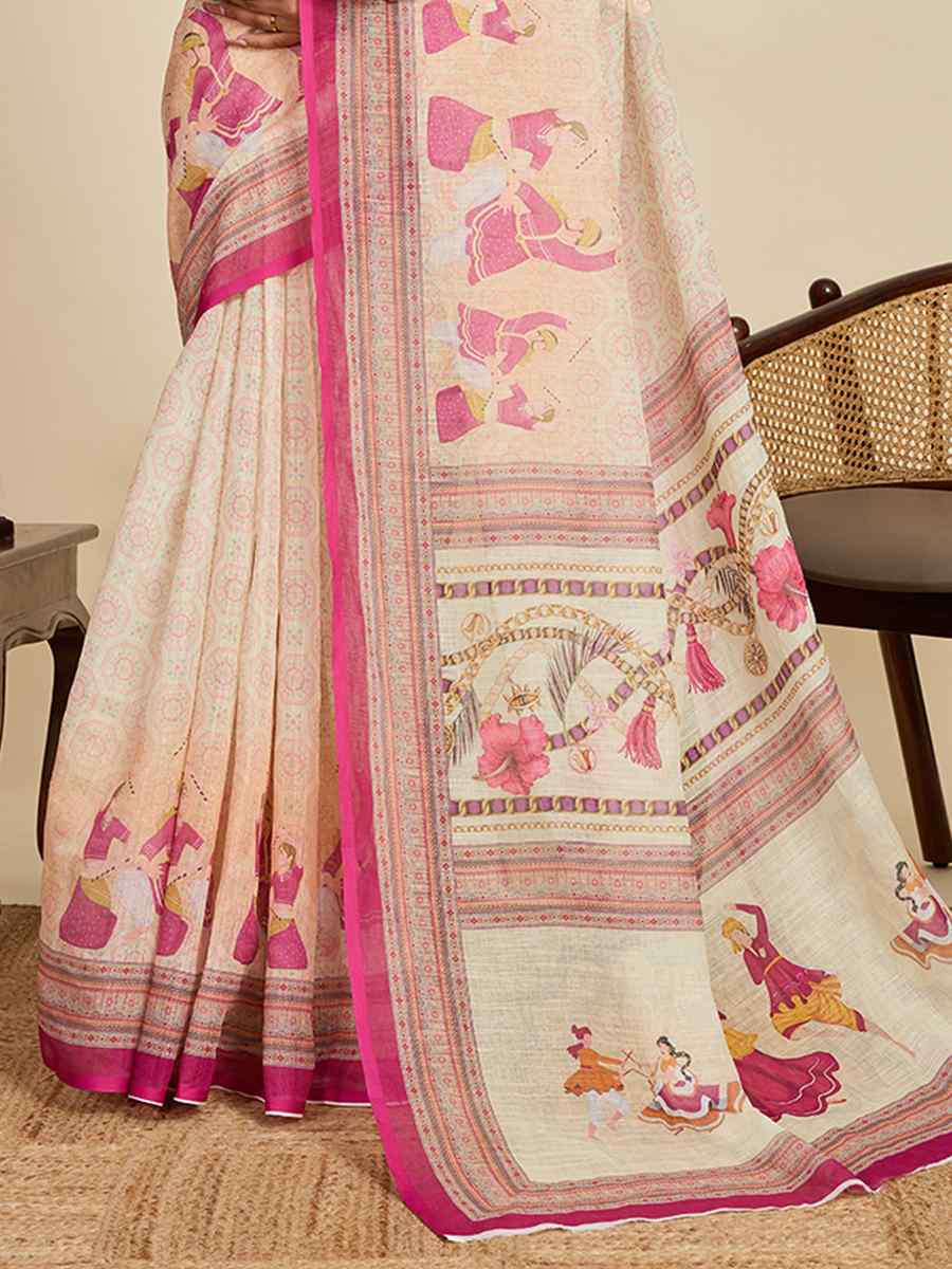 Cream Linen Printed Traditional Casual Fancy Classic Style Sarees