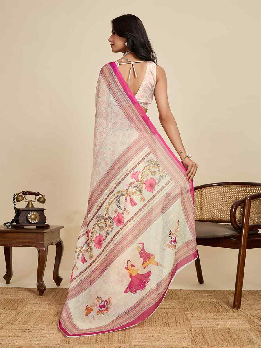 Cream Linen Printed Traditional Casual Fancy Classic Style Sarees