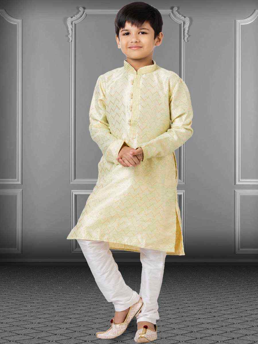 Cream Linen Silk Embroidered Festival Kurta Pyjama Boys Wear
