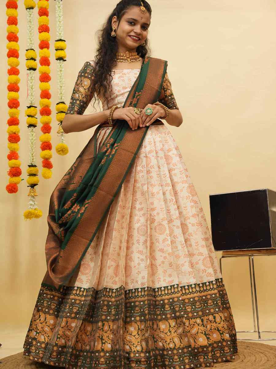 Cream Litchi Silk Printed And Handwoven Party Reception Wedding Lehenga Choli