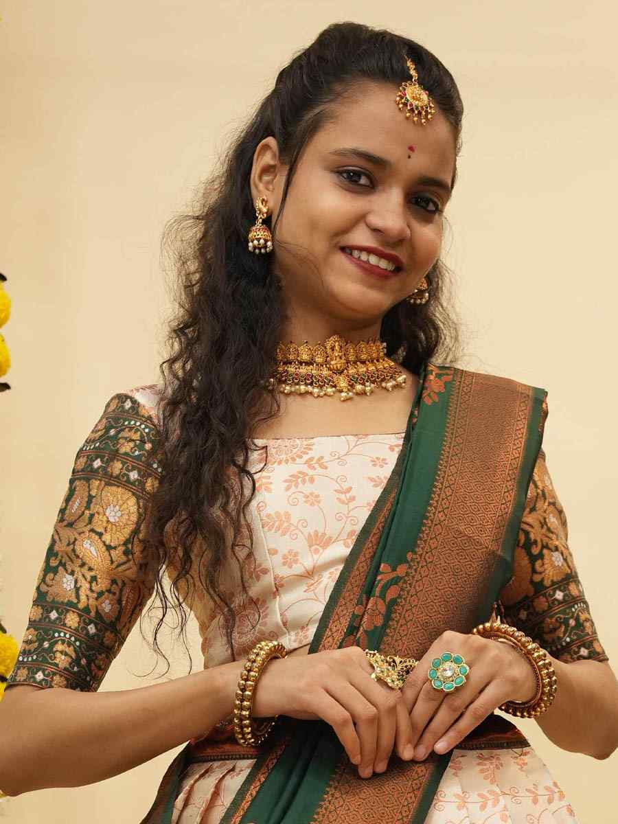 Cream Litchi Silk Printed And Handwoven Party Reception Wedding Lehenga Choli