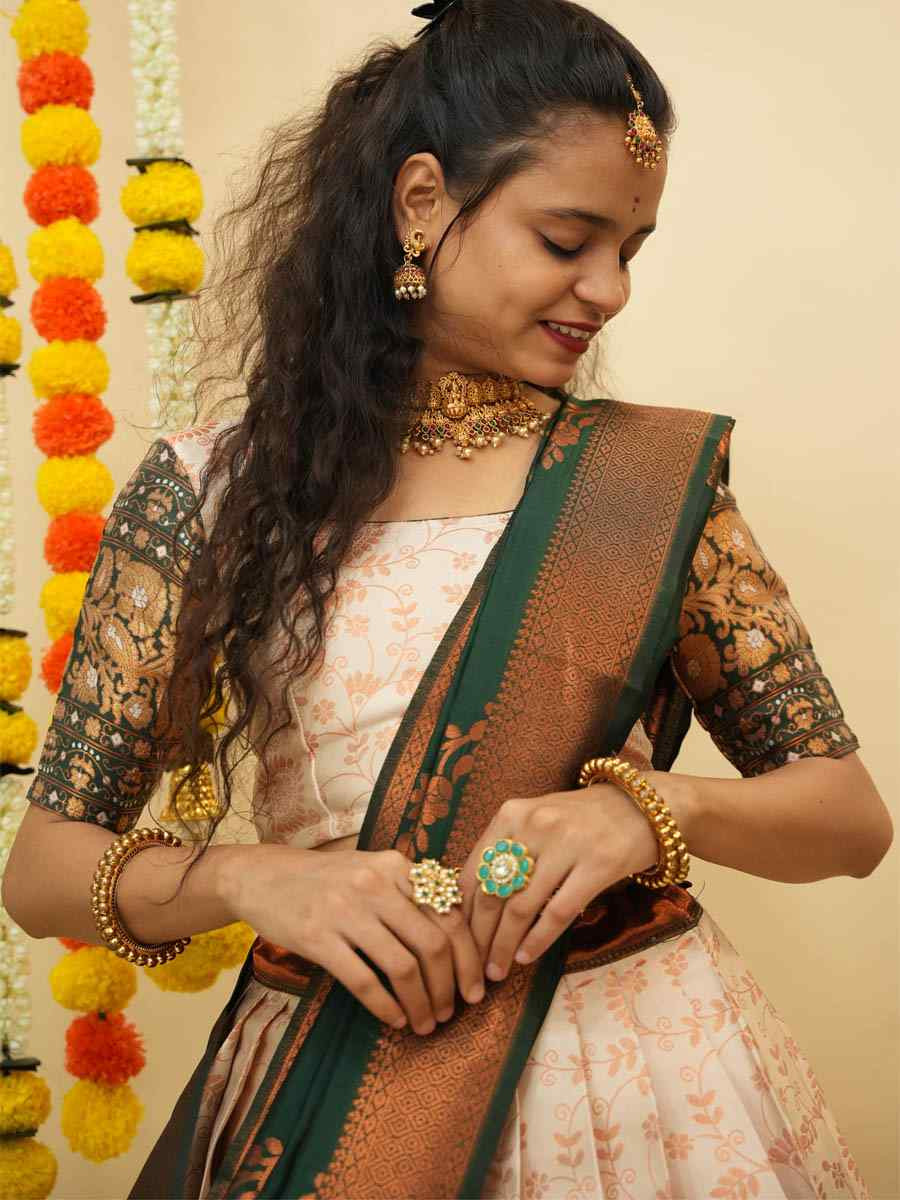 Cream Litchi Silk Printed And Handwoven Party Reception Wedding Lehenga Choli