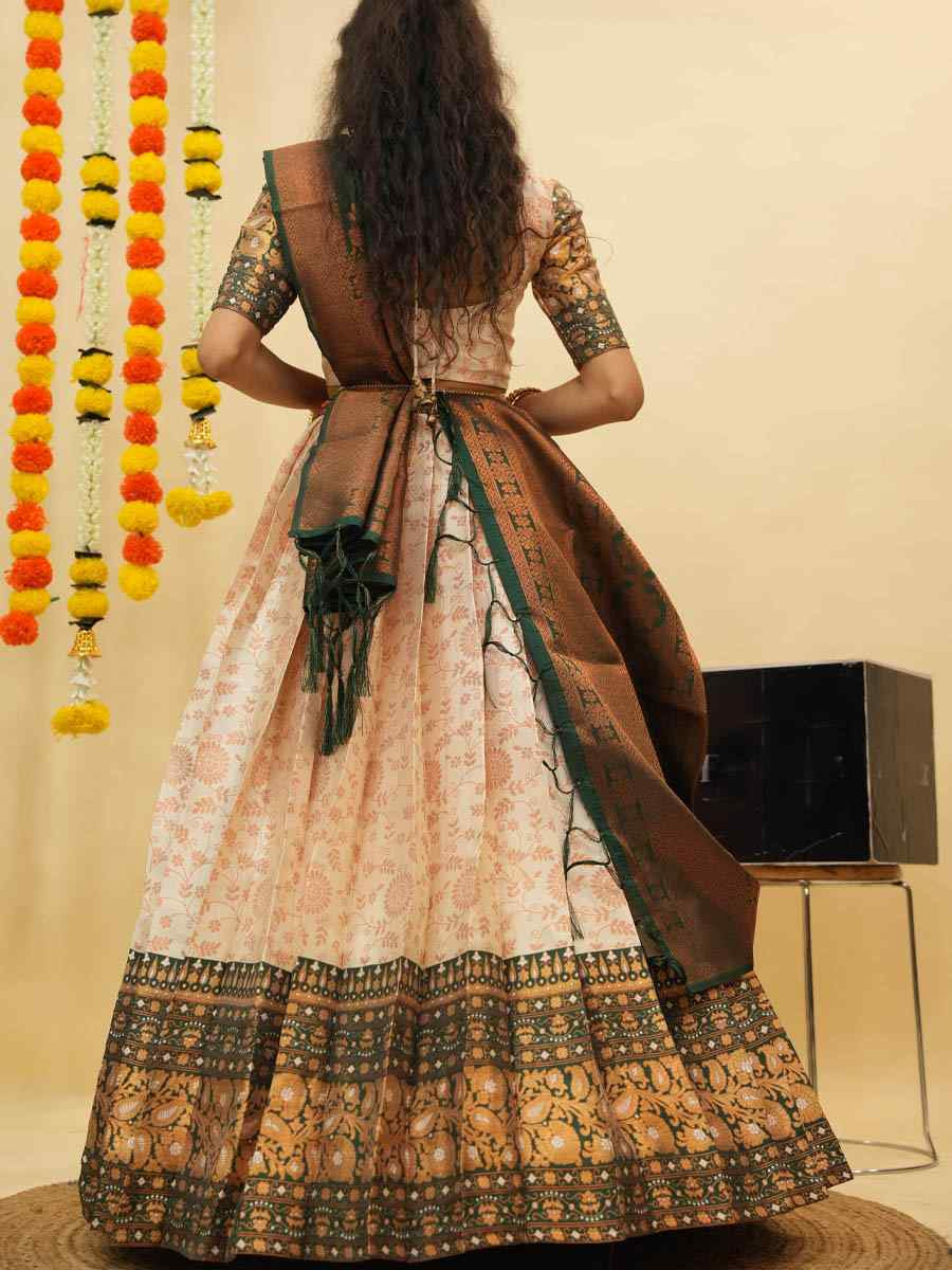 Cream Litchi Silk Printed And Handwoven Party Reception Wedding Lehenga Choli