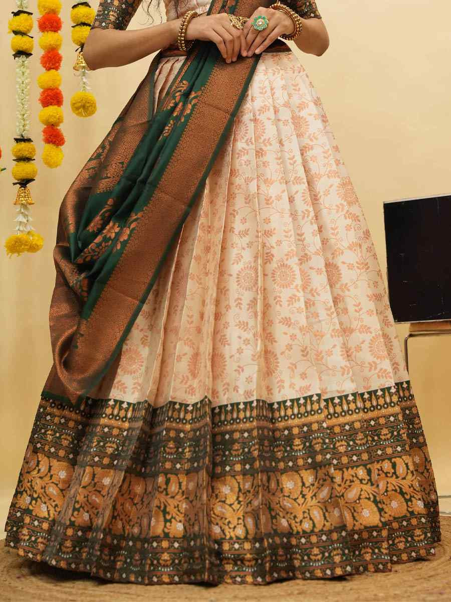 Cream Litchi Silk Printed And Handwoven Party Reception Wedding Lehenga Choli