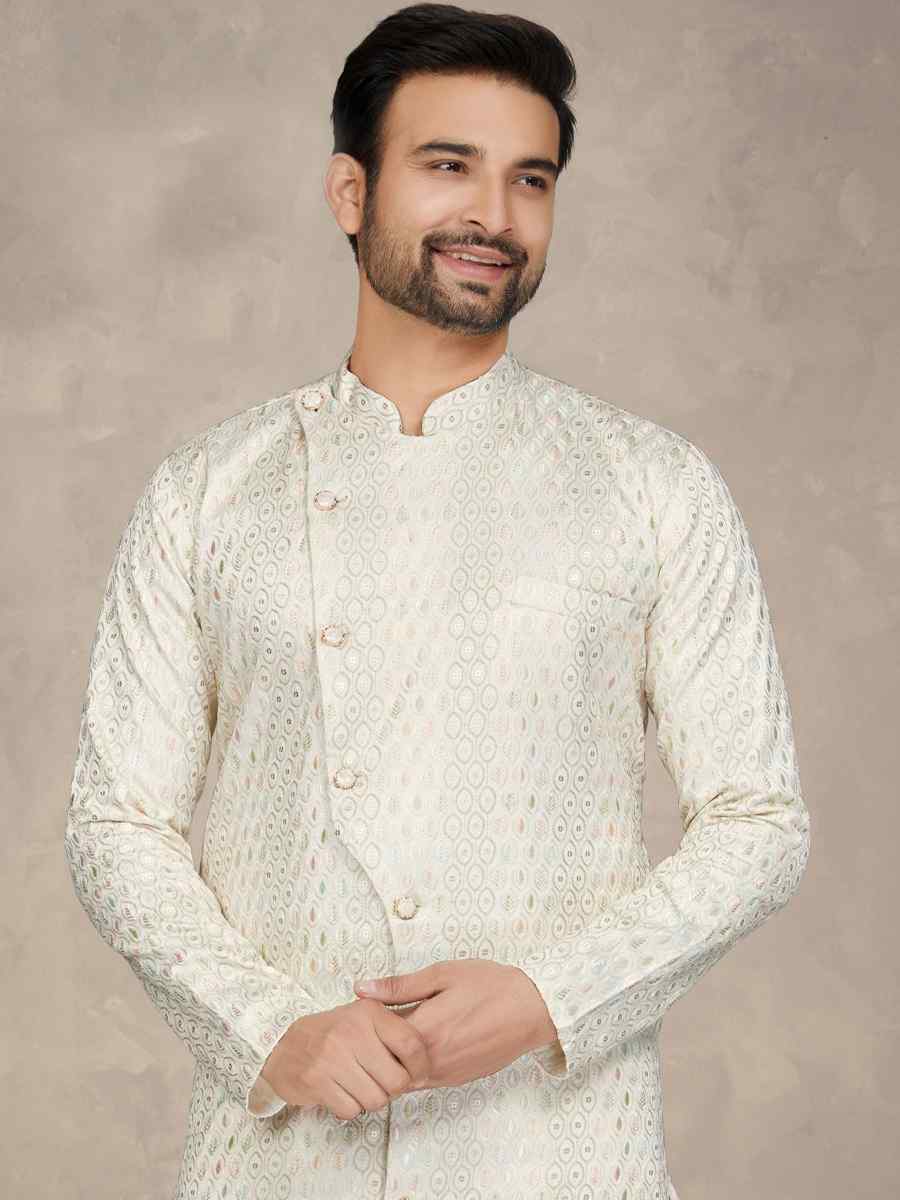 Cream Lucknowie Woven Festival Party Kurta