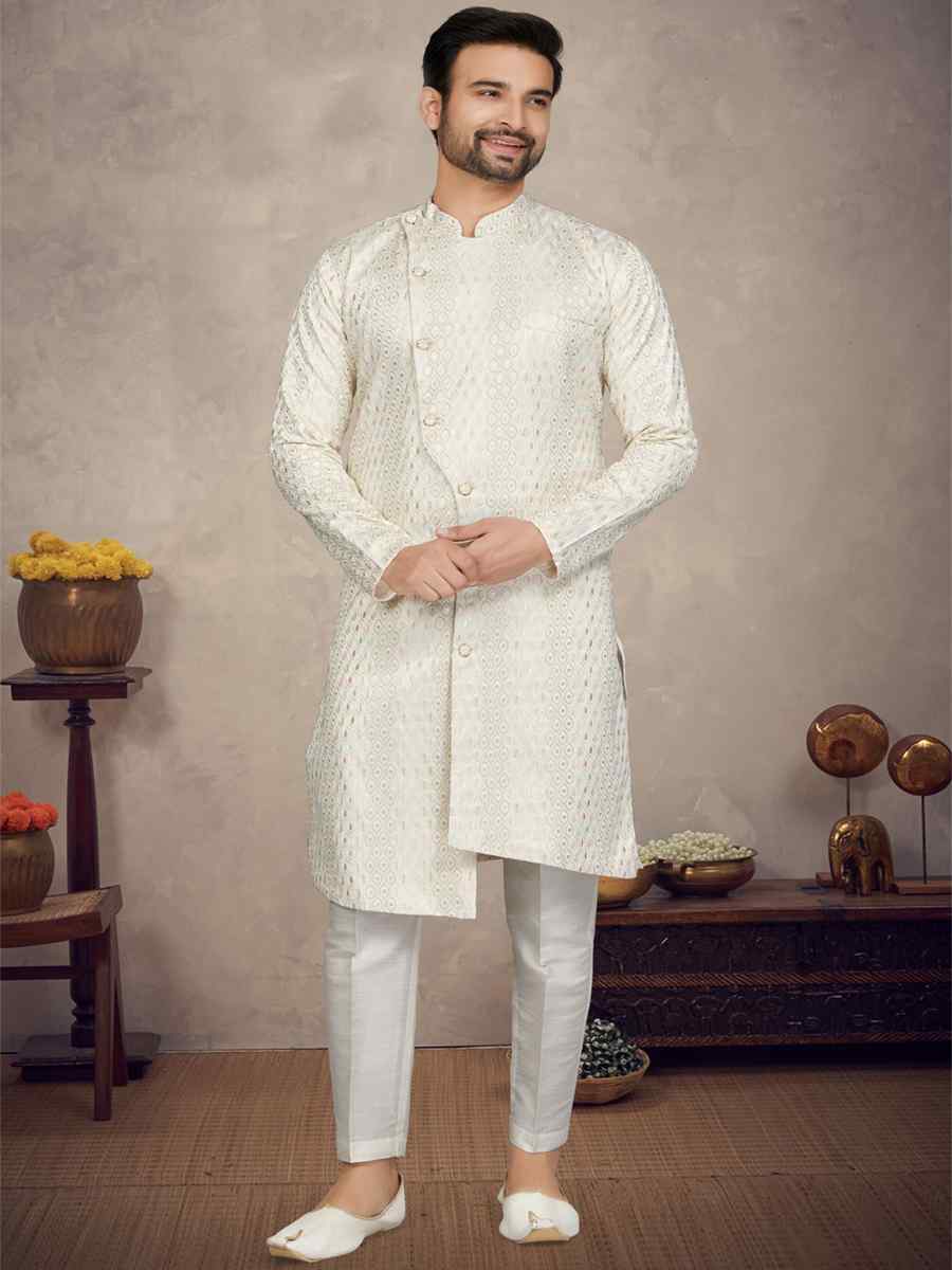 Cream Lucknowie Woven Festival Party Kurta