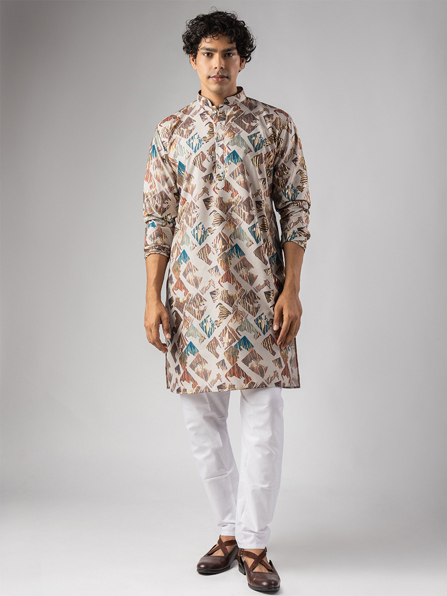 Cream Magnet Printed Wedding Festival Party Wear Casual Mens Kurta