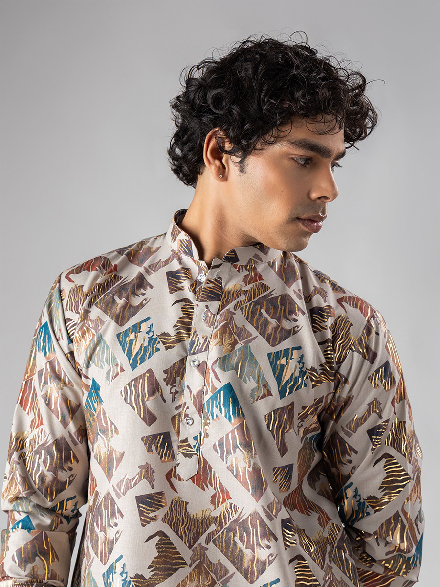 Cream Magnet Printed Wedding Festival Party Wear Casual Mens Kurta