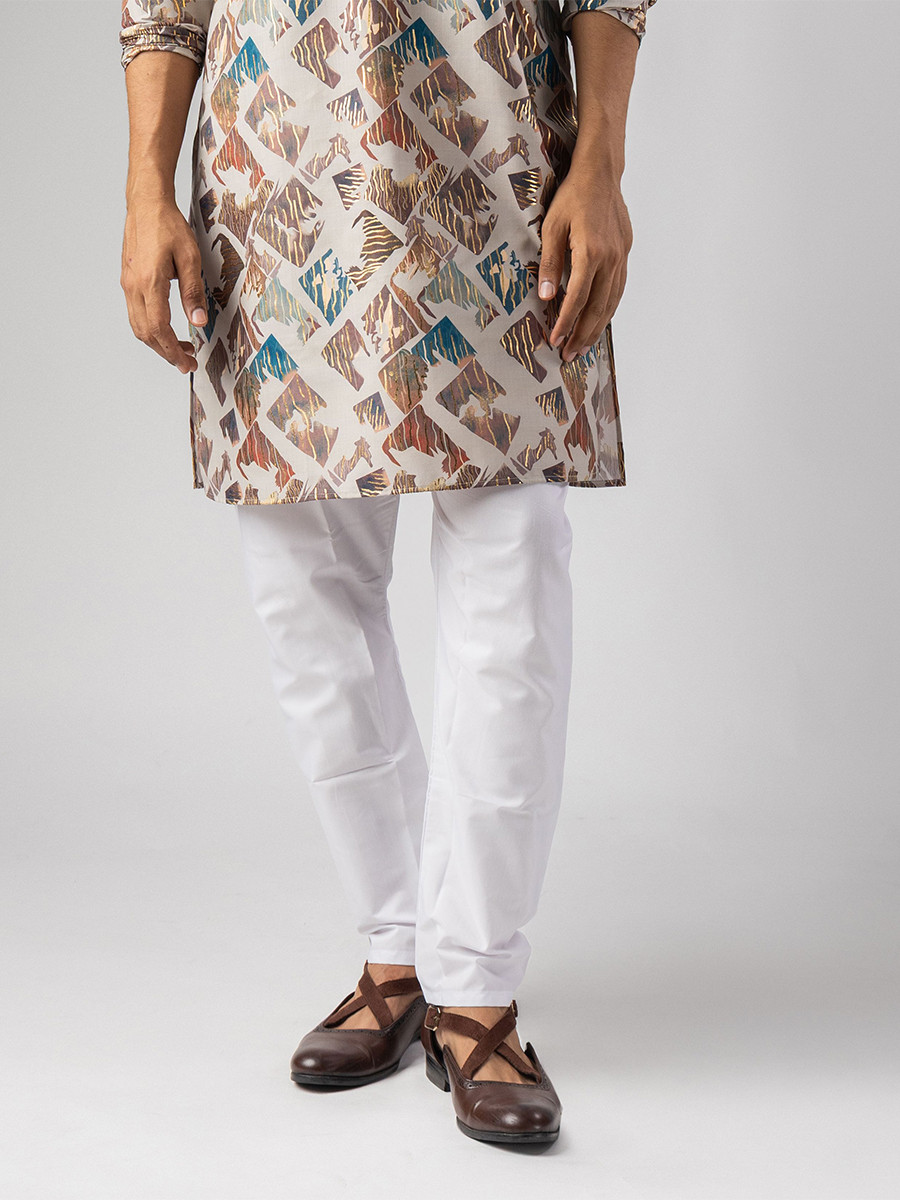 Cream Magnet Printed Wedding Festival Party Wear Casual Mens Kurta