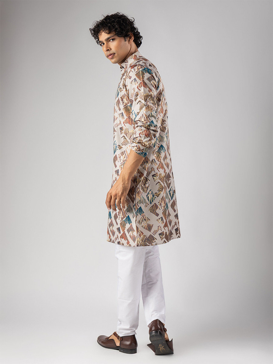 Cream Magnet Printed Wedding Festival Party Wear Casual Mens Kurta