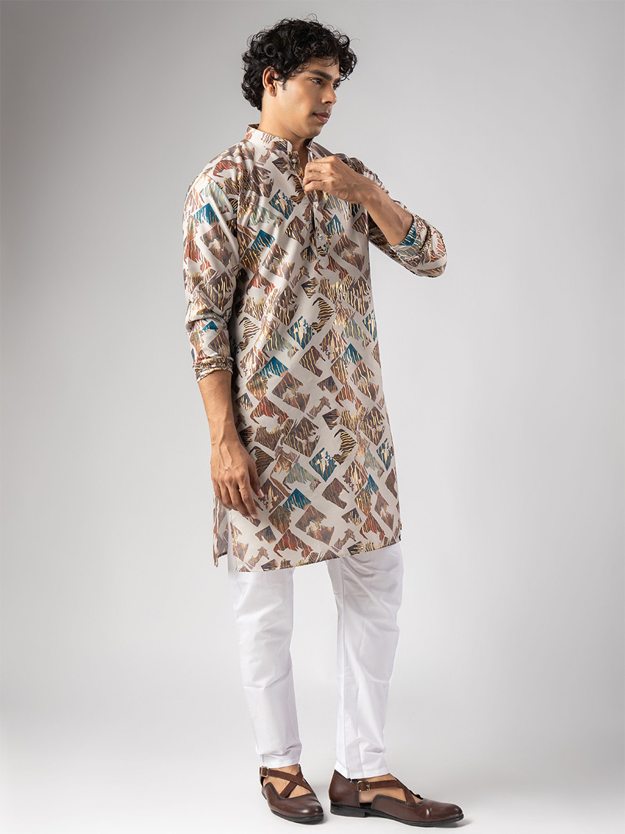 Cream Magnet Printed Wedding Festival Party Wear Casual Mens Kurta