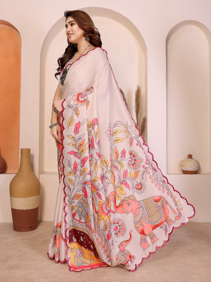 Cream Manipuri Digital Printed Wedding Reception Party Festival Casual Heavy Border Sarees